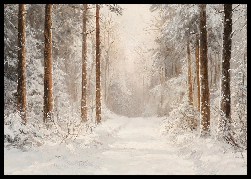 A poster showing a snow covered forest path surrounded by frosty trees -12