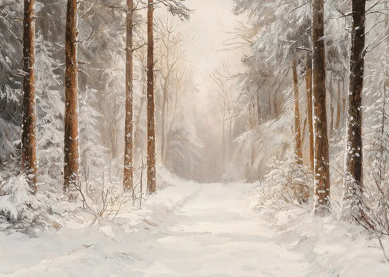 A poster showing a snow covered forest path surrounded by frosty trees -12