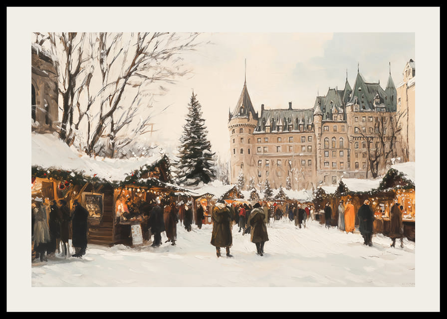 Juliste, joka vangitsee maagiset joulumarkkinat majesteettisen linnan edessä-12