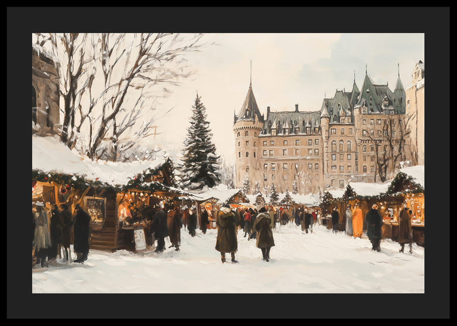 Juliste, joka vangitsee maagiset joulumarkkinat majesteettisen linnan edessä-12