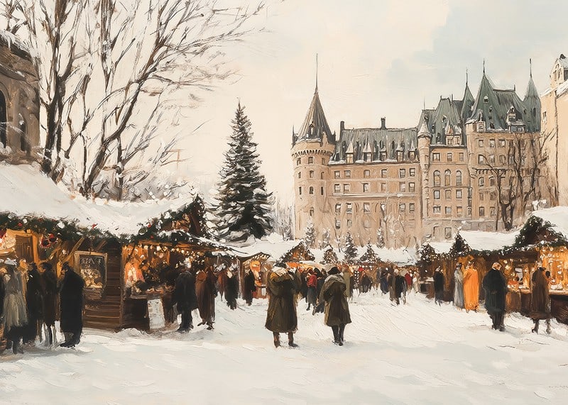 A poster capturing a magical Christmas market in front of a majestic castle-12