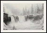 A poster of a frozen waterfall surrounded by snow-covered trees and fog-2