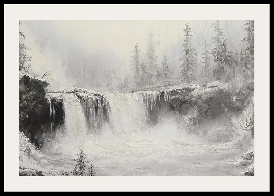 A poster of a frozen waterfall surrounded by snow-covered trees and fog-12