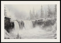 Un poster cu o cascadă înghețată înconjurată de copaci acoperiți de zăpadă și ceață-2