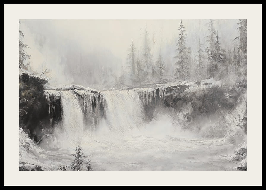 Un poster cu o cascadă înghețată înconjurată de copaci acoperiți de zăpadă și ceață-12
