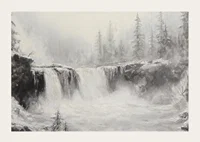A poster of a frozen waterfall surrounded by snow-covered trees and fog-3
