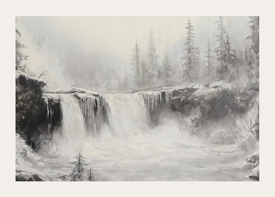 A poster of a frozen waterfall surrounded by snow-covered trees and fog-12