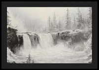 A poster of a frozen waterfall surrounded by snow-covered trees and fog-4
