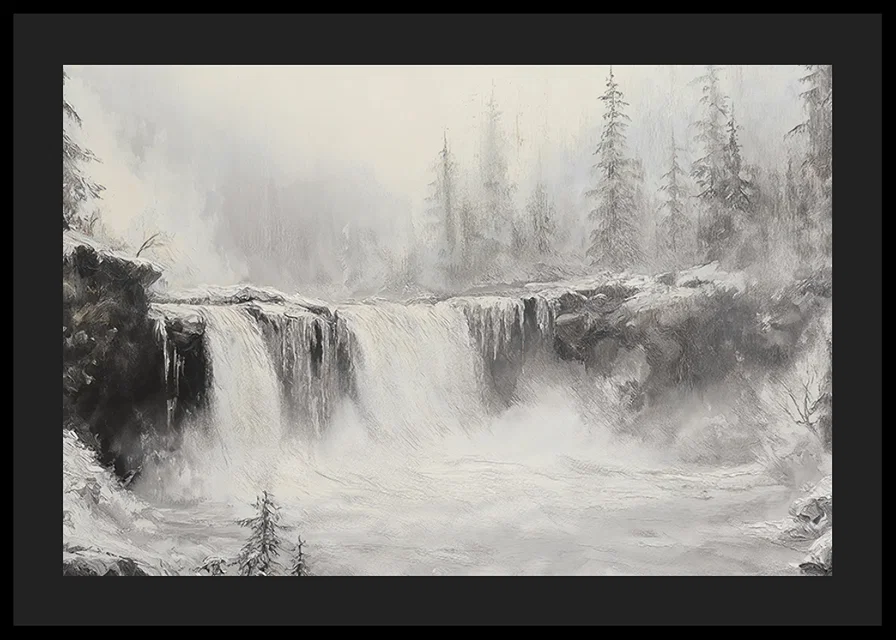 A poster of a frozen waterfall surrounded by snow-covered trees and fog-12