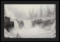 Un poster cu o cascadă înghețată înconjurată de copaci acoperiți de zăpadă și ceață-4