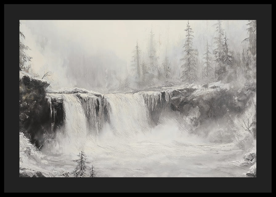 Un poster cu o cascadă înghețată înconjurată de copaci acoperiți de zăpadă și ceață-12