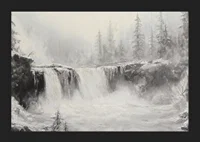 A poster of a frozen waterfall surrounded by snow-covered trees and fog-5