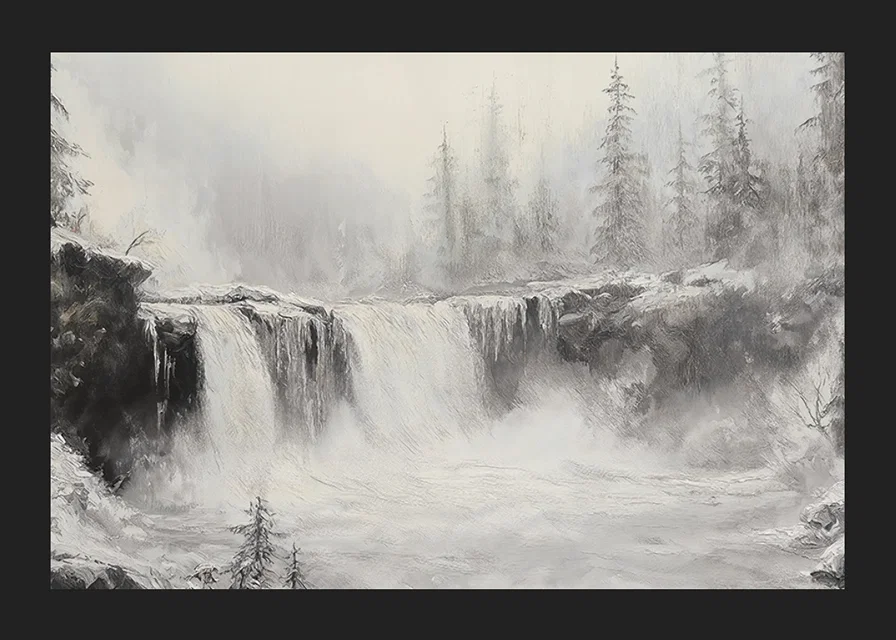 A poster of a frozen waterfall surrounded by snow-covered trees and fog-12