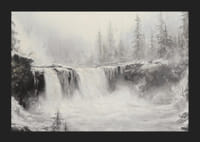 Un poster cu o cascadă înghețată înconjurată de copaci acoperiți de zăpadă și ceață-5