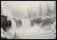 A poster of a frozen waterfall surrounded by snow-covered trees and fog-6