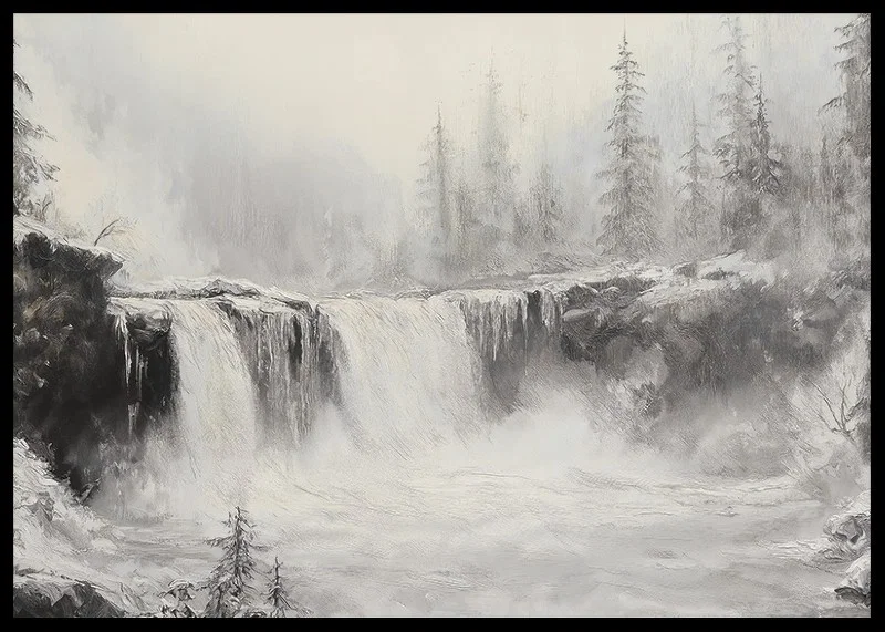 A poster of a frozen waterfall surrounded by snow-covered trees and fog-12