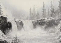 A poster of a frozen waterfall surrounded by snow-covered trees and fog-7
