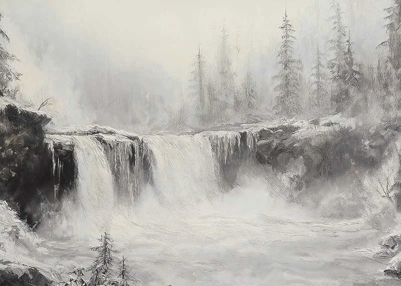 A poster of a frozen waterfall surrounded by snow-covered trees and fog-12