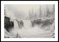 A poster of a frozen waterfall surrounded by snow-covered trees and fog-0