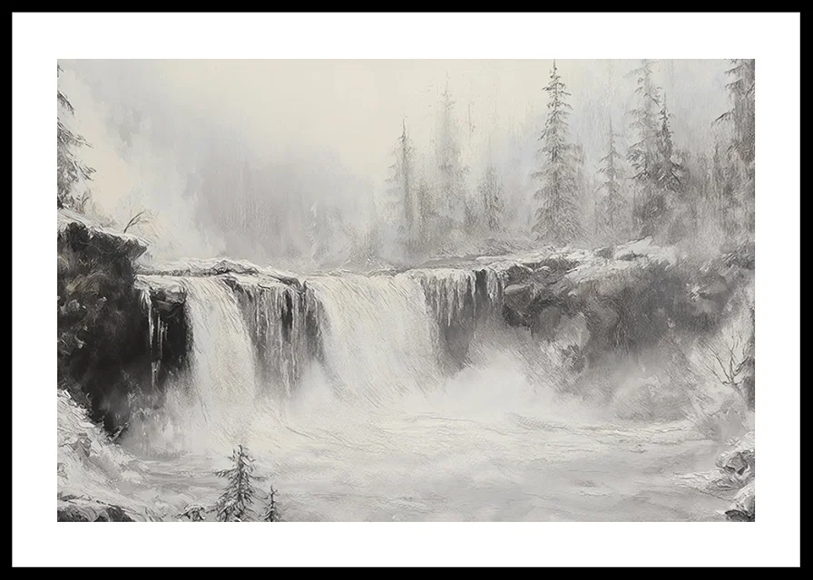A poster of a frozen waterfall surrounded by snow-covered trees and fog-12
