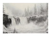 A poster of a frozen waterfall surrounded by snow-covered trees and fog-1