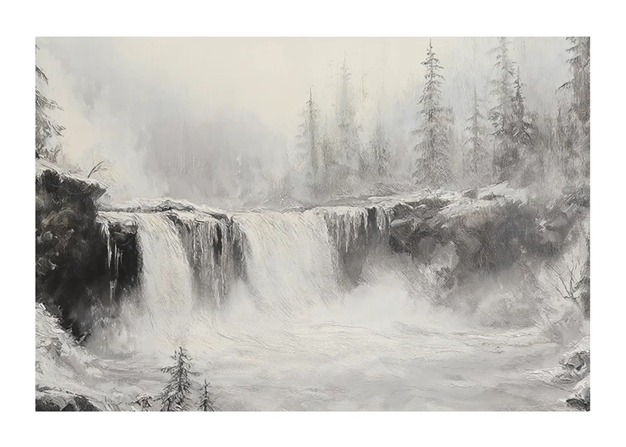 A poster of a frozen waterfall surrounded by snow-covered trees and fog-12