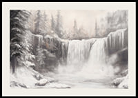 A poster capturing a frozen waterfall surrounded by snow-covered trees -2