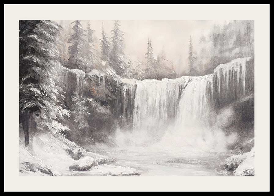 A poster capturing a frozen waterfall surrounded by snow-covered trees -12