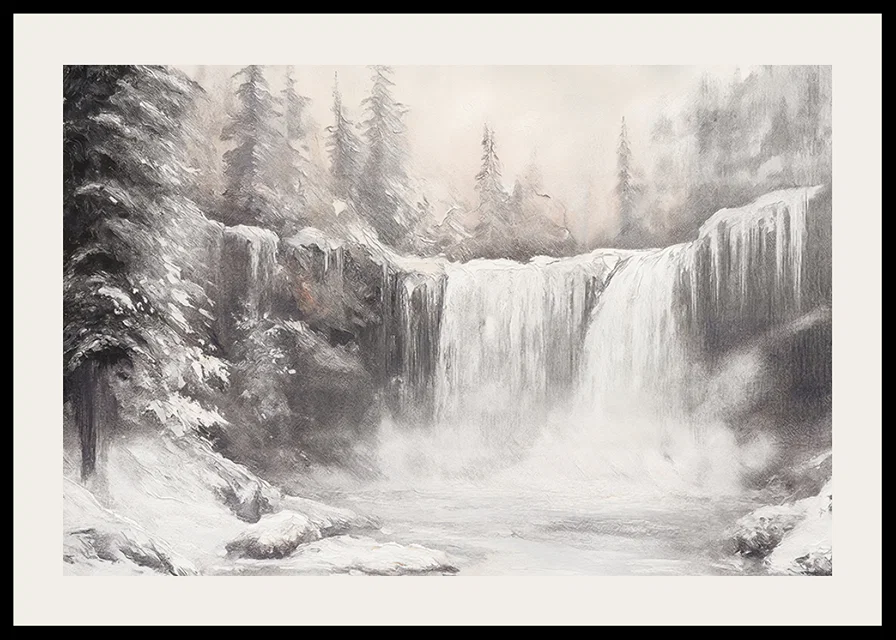 A poster capturing a frozen waterfall surrounded by snow-covered trees -12