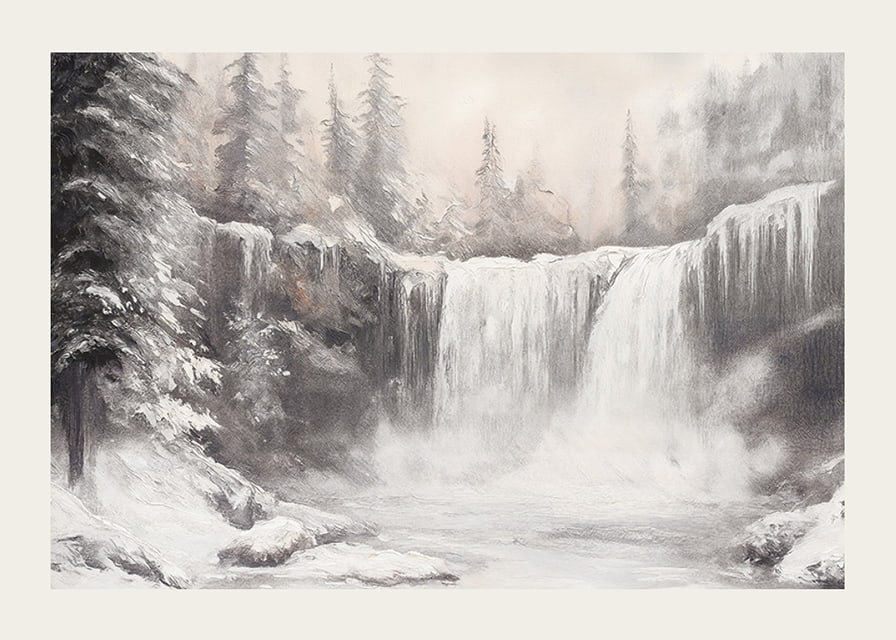 A poster capturing a frozen waterfall surrounded by snow-covered trees -12