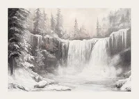 A poster capturing a frozen waterfall surrounded by snow-covered trees -3