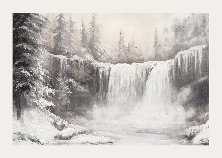 A poster capturing a frozen waterfall surrounded by snow-covered trees -12