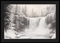 A poster capturing a frozen waterfall surrounded by snow-covered trees -4
