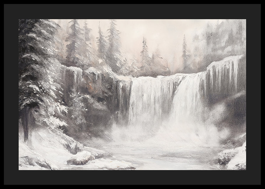 A poster capturing a frozen waterfall surrounded by snow-covered trees -12