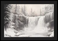 A poster capturing a frozen waterfall surrounded by snow-covered trees -4