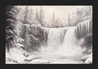 A poster capturing a frozen waterfall surrounded by snow-covered trees -5