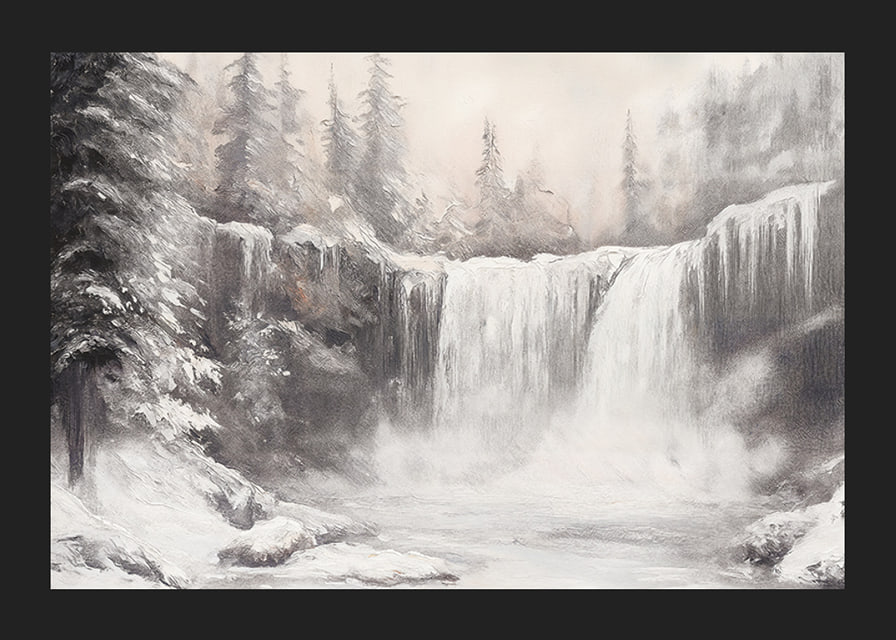 A poster capturing a frozen waterfall surrounded by snow-covered trees -12