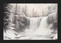 A poster capturing a frozen waterfall surrounded by snow-covered trees -5