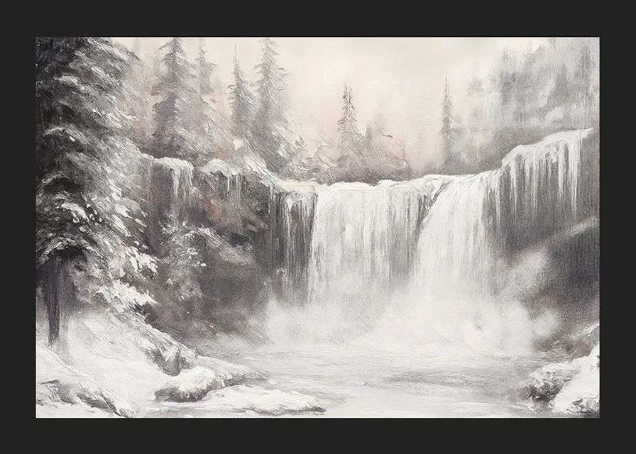 A poster capturing a frozen waterfall surrounded by snow-covered trees -12