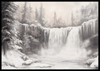 A poster capturing a frozen waterfall surrounded by snow-covered trees -6