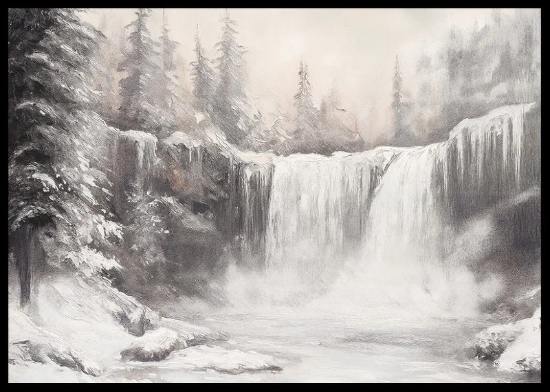 A poster capturing a frozen waterfall surrounded by snow-covered trees -12
