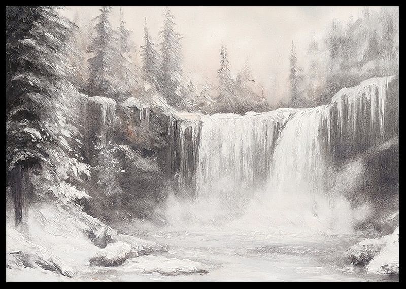 Une affiche représentant une cascade gelée entourée d'arbres enneigés -12