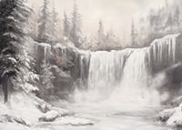 A poster capturing a frozen waterfall surrounded by snow-covered trees -7