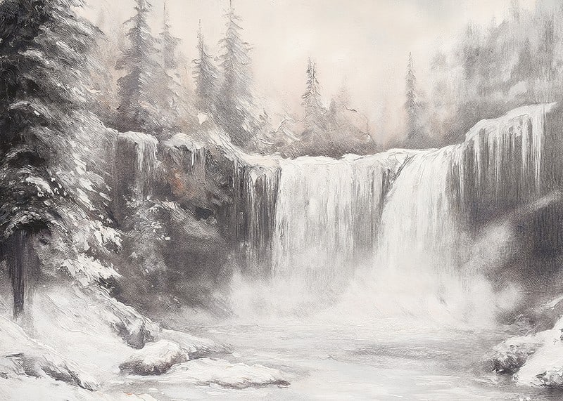 A poster capturing a frozen waterfall surrounded by snow-covered trees -12