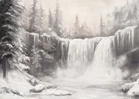 A poster capturing a frozen waterfall surrounded by snow-covered trees -7