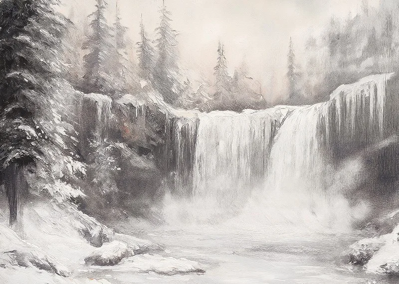 A poster capturing a frozen waterfall surrounded by snow-covered trees -12