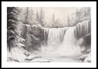 A poster capturing a frozen waterfall surrounded by snow-covered trees -0