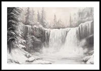 A poster capturing a frozen waterfall surrounded by snow-covered trees -0