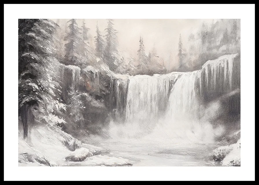 A poster capturing a frozen waterfall surrounded by snow-covered trees -12