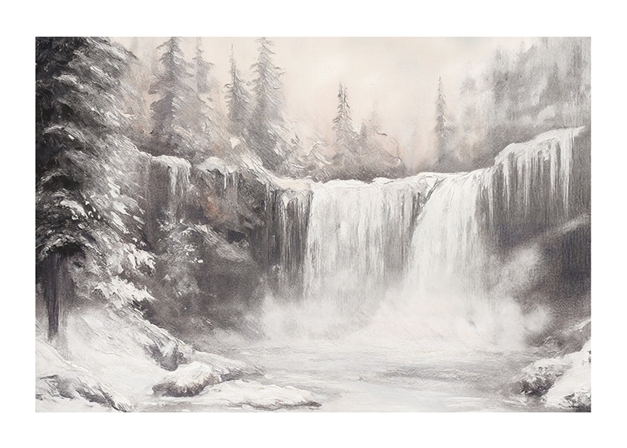 A poster capturing a frozen waterfall surrounded by snow-covered trees -12